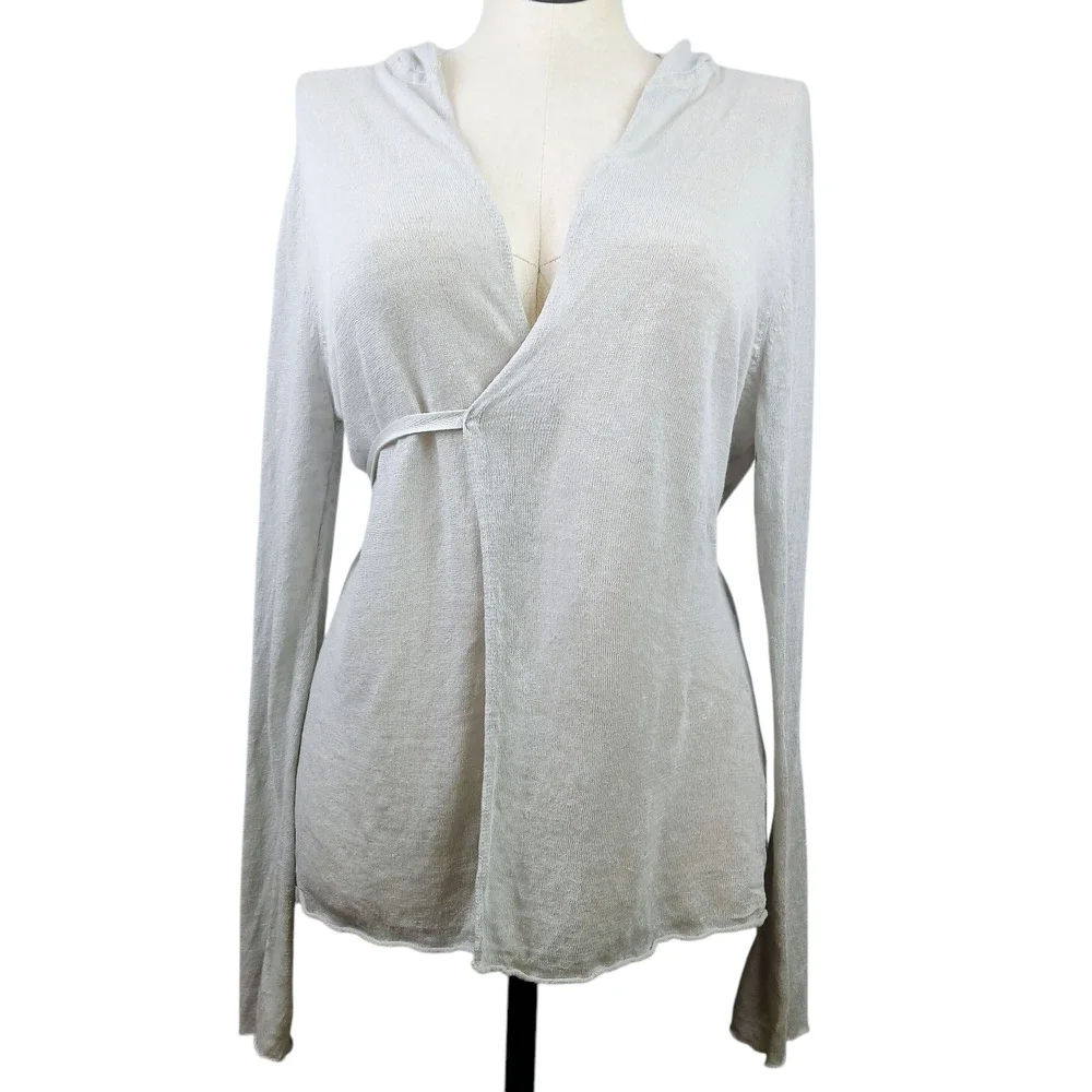 Bryn Walker SZ XL 100% Linen Long Sleeve Hooded Wrap Sweater Lightweight Gray